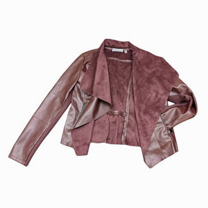 BAGATELLE Burgundy Wine Faux Leather Open Front Draped WomensJacket New w/o tag